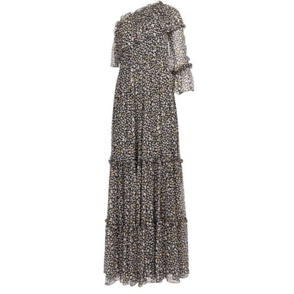 MSGM Black Silk Star Pattern One Shoulder Ruffle Maxi Dress Size 46